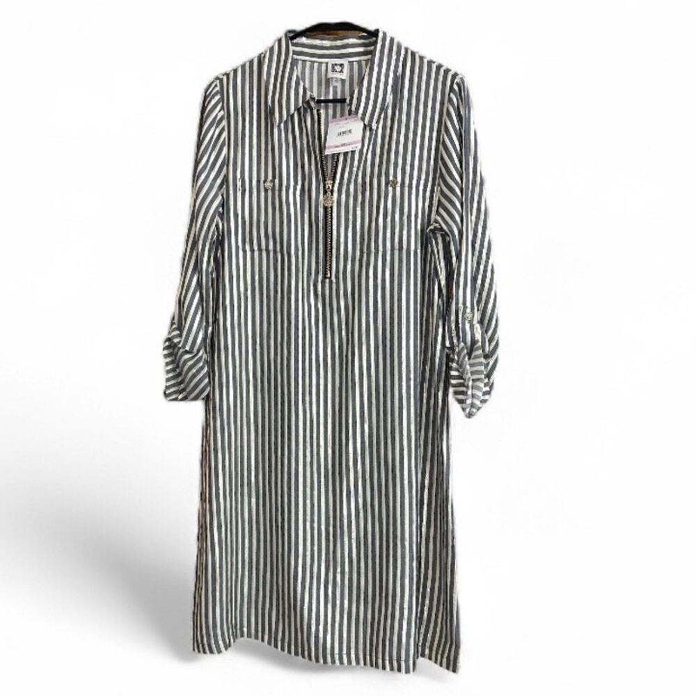 Anne Klein Gray with Gold Metallic Striped Shirt Dress size 6